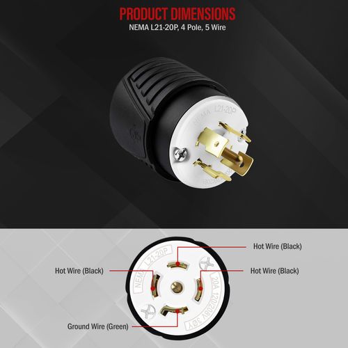 ENERLITES NEMA L21-20P Locking Plug Connector for Generator, Twist Lock Male Plug, 20 Amp, 120/208 Volt, 4 Pole, 5 Wire Grounding, Industrial Grade Heavy Duty, UL Listed, 66600-BK, Black