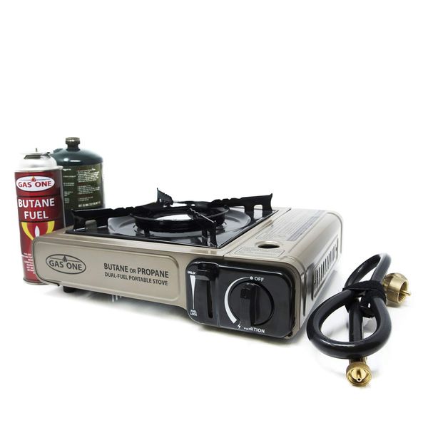 Gas ONE Propane or Butane Stove GS-3400P Dual Fuel Portable Camping and Backpacking Gas Stove Burner with Carrying Case Great for Emergency Preparedness Kit (Gold)