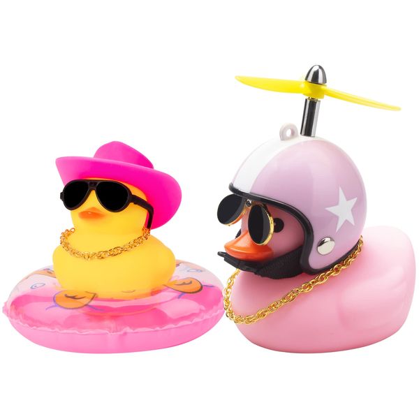 wonuu Car Rubber Duck 2Pcs of Car Ornament for Car Dashboard Decoration Accessories with Propeller Helmet Mini Sun Hat Swim Ring Necklace and Sunglasses (Cowboy Hat&Pink Hat White Star)