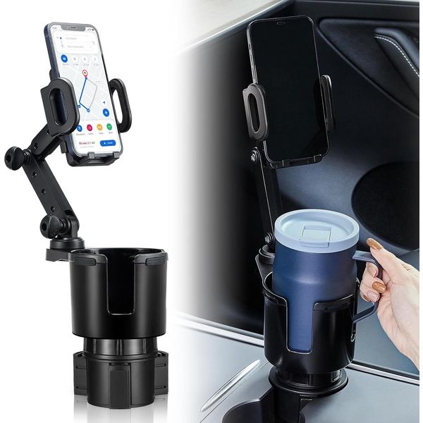 2 in 1 Car Cup Holder Expander Adjustable Base with Phone Mount 360° Rotation
