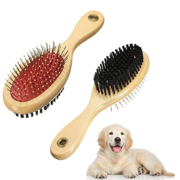 Wooden Dog Brush Double Sided Pet Hair Grooming Brush Dog Pin Brush and Bristle Soft Brush, Dogs Comb and Brush Grooming Tools for Cleaning for Dogs & Cats with Long or Short Hair - L（Red)