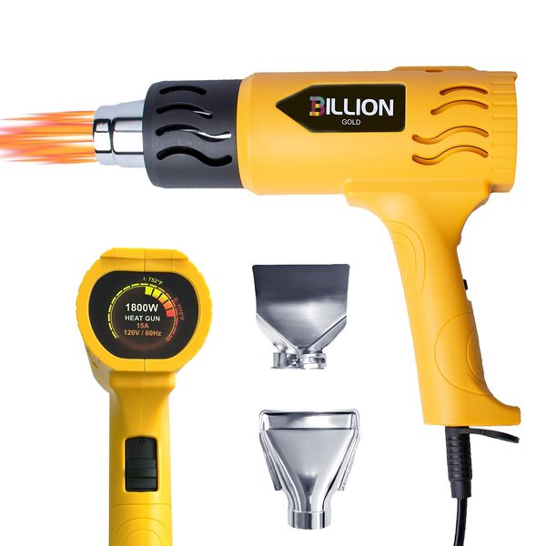 1800W Heat Gun, BILLION GOLD Heat Gun for Crafting 572℉-1112℉ (300℃- 600℃) Fast Heating Hot Air Gun Kit Overload Protection with 2 Nozzles for Paint Removing, Home Improvement, Crafts, Shrink Wrapp