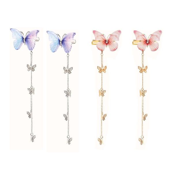 Yaphetss 4Pcs Tassel Butterfly Hair Clips Fabric Butterfly Hairpin with Detachable Tassel Metal Side Clip Hair Barrette Bobby Pins Hair Accessories for Women Girls, Blue+Pink