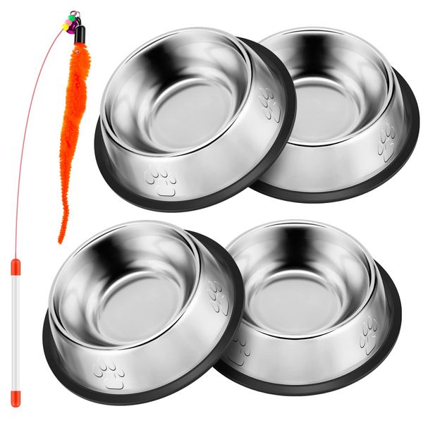 4 Pcs Stainless Steel Cat Bowl + 1 Pcs Cat Toy,Cat Food Bowl With Non Slip Rubber Base,Cat Water Bowl,Cat Feeding Bowl,Cat Bowls for Kittens,Metal Cat Bowls,Pet Bowl,Pet Bowls for Cats,Dog Bowl