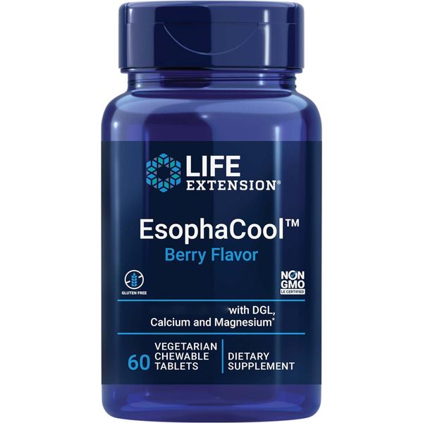 Life Extension, EsophaCool, with Liquorice Root Extract, Berry Flavour, 60 vegan Chewable Tablets, Lab-Tested, Gluten-free, Vegetarian, Soy-free, GMO-free