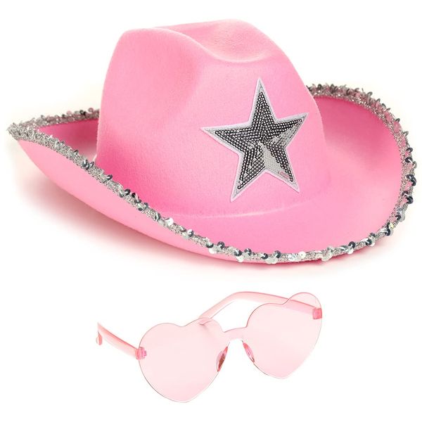 Funcredible Pink Cowboy Hat and Glasses - Sparkly Cowboy Hat for Women - Preppy Cowgirl Hat with Star - Cowgirl Costume Accessories