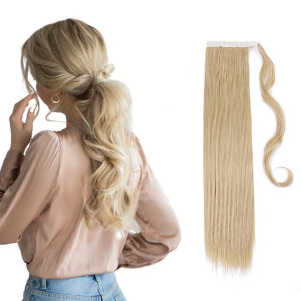 23" Long Straight Wrap Around Ponytail Clip in Hair Extensions One Piece Hairpiece Magic Tape in Pony Tail Extension for Women Dark Blonde mix Bleach Blonde