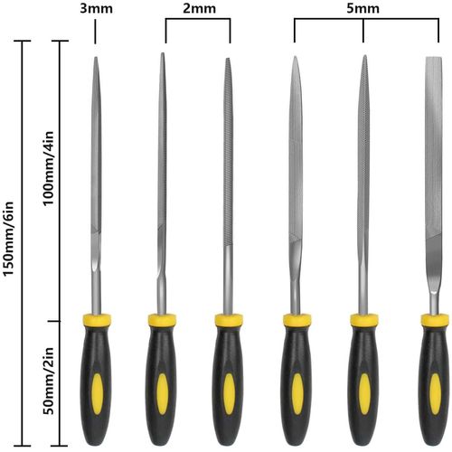 KALIM 6Pcs File Set, 5.5in Needle Files, 3 mm Diameter Carbon Steel File Kit with Handle, Suitable for Metal, Wood, Glass, Plastic, Leather, Jewelry