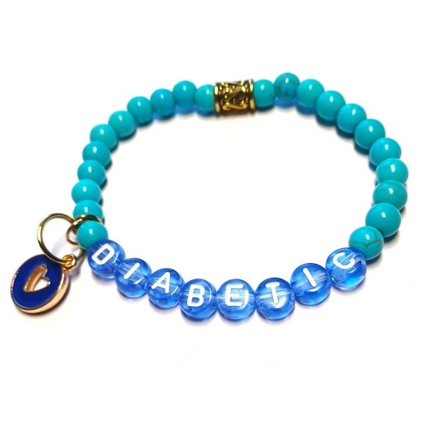 Medical Alert Diabetic Beaded Bracelet Teal and Blue