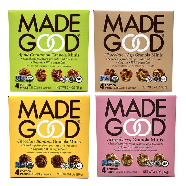 Made Good Organic Granola Minis – Variety Pack of 4 Flavors –Tree-Nut and Peanut-Free Gluten-Free Vegan Kosher (4 Portion Packs Per Flavor)