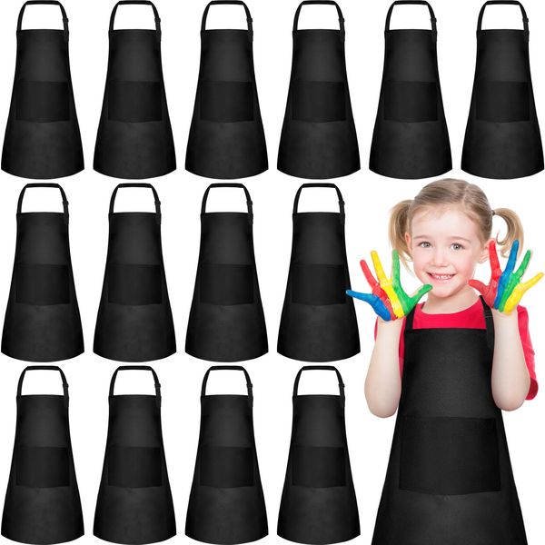 PLULON 15Pcs Kids Paint Aprons Bulk Art Painting Apron for Kids, Paint Apron Adjustable Children Chef Aprons with 2 Pockets for Girls Boys Painting Baking Cooking Crafting (Black)