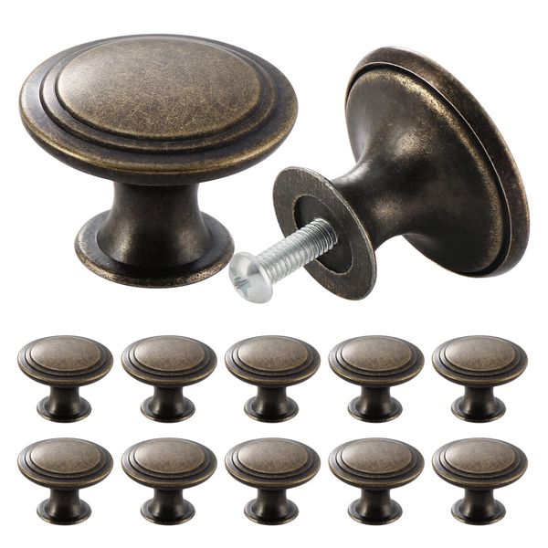 TsunNee 12PCS Vintage Cabinet Knobs Bronze Drawer Knobs, Antique Style Kitchen Cupboard Handles, 30mm Round Furniture Door Knobs