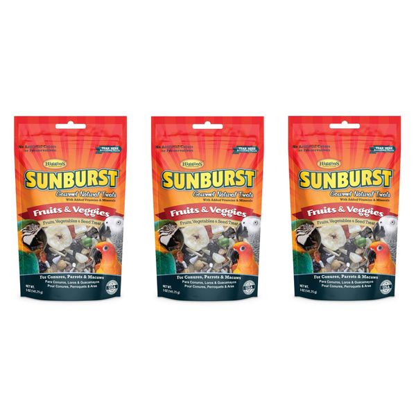 Higgins 3 Pack of Sunburst Gourmet Natural Bird Treats, 5 Ounces Each, Fruits and Veggies Flavor, for Conures Parrots and Macaws