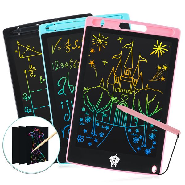 ROLWAY 3 Pack LCD Writing Tablet, 8.5 Inch Colorful Doodle Board, Kids Travel Games Learning Toys Birthday Gifts for 3 4 5 6 Year Old Boys and Girls Toddlers, Drawing Tablet for Kids, Pink+Blue+Black