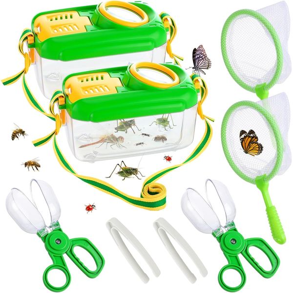 Bug Catcher for Kids, Kids Bug Catching Kit with Bug Collector Insect Catcher Butterfly Net Tweezer, Kids Bug Exploration Outdoor Explorer Kit for Kids Age 4-8(2 Set)