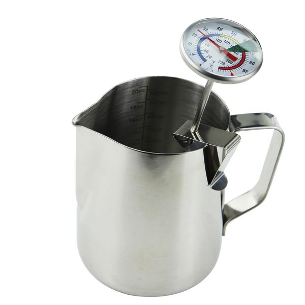 Milk Thermometer and 600ml Milk Frother Jug for Perfect Barista Style Coffee Making Great for Frothy Latte Cappuccino