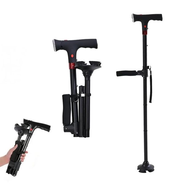 Uezeth Folding Walking Stick for Men and Women, Walking Sticks with LED & SOS Alarm, Lightweight Adjustable and Portable with Balancing Quad Base, Adjustable Heights, Collapsible Elderly Walking Cane