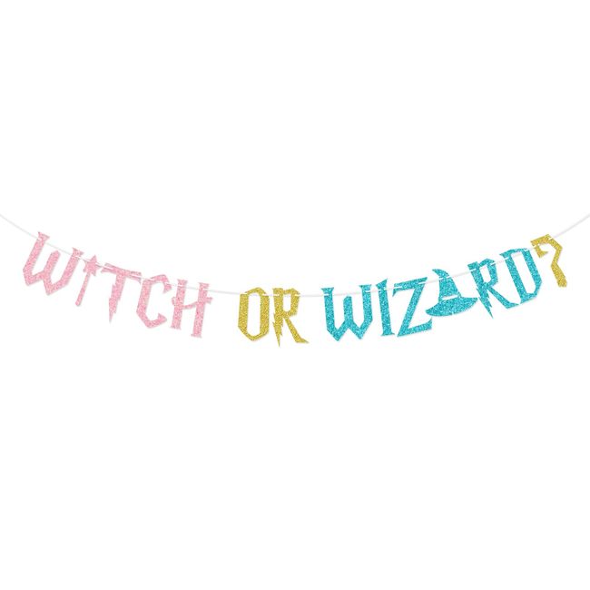 Witch or Wizard Glitter Banner, Halloween Gender Reveal Decorations He or She Sign Harry Potter Themed Party Decor (Pink and Blue)