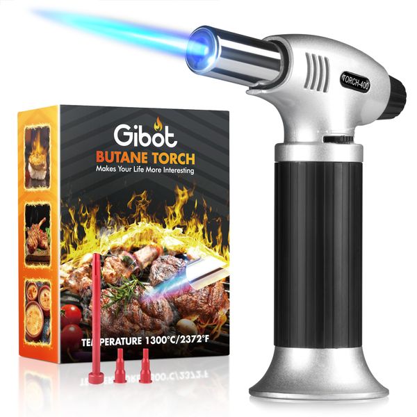 Gibot Butane Torch,Kitchen Torch Cooking Torch Creme Brulee Torch, Refillable Adjustable Flame Lighter with Safety Lock for DIY, Creme, Brulee, BBQ and Baking(Butane Gas Not Included）