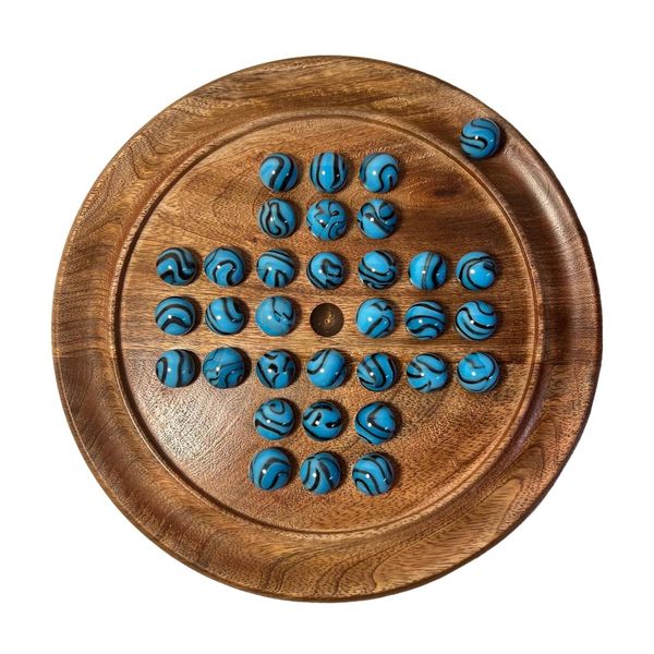 22cm Diameter wooden SOLITAIRE BOARD GAME with BLUE BRONTOAURUS GLASS MARBLES