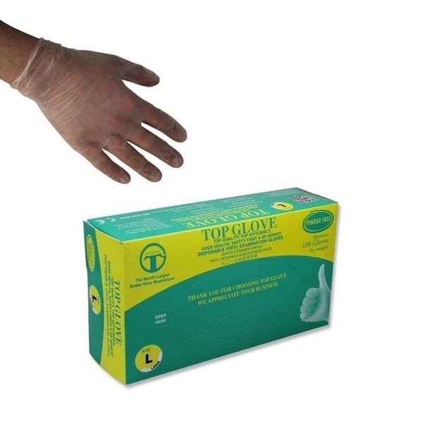 Top Glove Powder Free Disposable Vinyl Gloves - AQL 1.5 - Box of 100 (Medium)