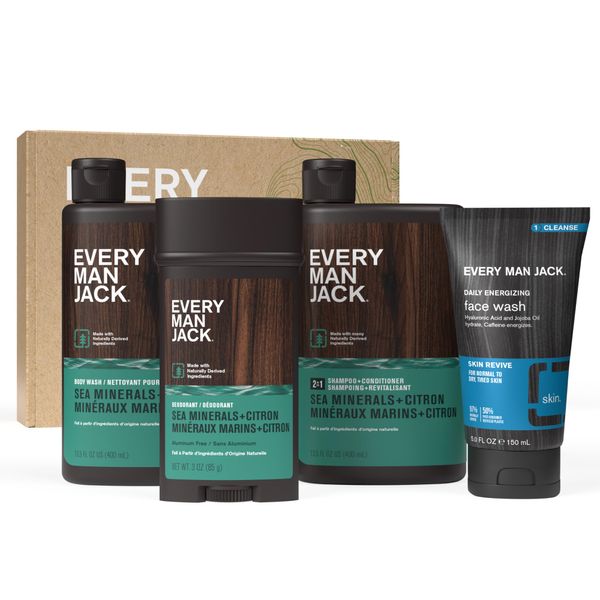 Every Man Jack Men’s Sea Minerals + Citron Bath and Body Gift Set - Clean Ingredients & Sea Minerals and Citron scent. - Round Out His Routine with Body Wash, 2-in-1 Shampoo, Deodorant & Face Wash