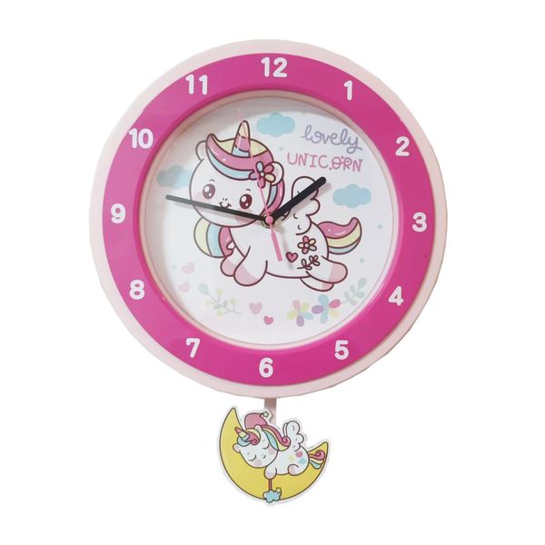 SYOYUEX Rainbow Cute Unicorn Pendulum Clock ，Silent 12 Inch Children's Clocks，Décor at School,Bedroom,Kitchen,Classroom,Good Gift，Learning time，Clear Digital Wall Clock for Kids Room