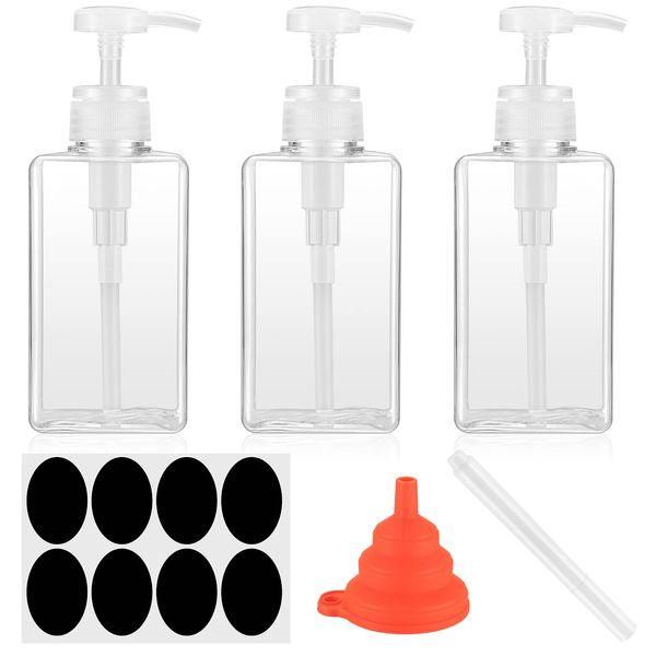 3 Pcs 450ml Pump Bottle Dispenser, Reusable Empty Clear Plastic Lotion Soap Dispenser Pump Bottles, Refillable Square Dispenser Bottle for Essential Oil Soap Lotion Shampoo Bathroom Kitchen Travel