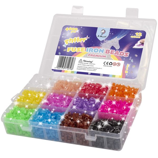 La Manuli Glitzer Bügelperlen Sortiert Fuse Beads Kit - 4000 Stück 5 mm 12 Farben Nachfüllset Bügelperlen Set Mit jeder Marke Beads kompatibel, Steckperlen in Organizerbox