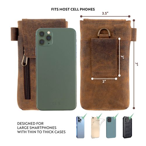 Moonster Leather Phone Holster – Genuine Full-Grain Buffalo Leather Cell Phone Holsters Holster for Large Smartphones Belt Holder - 7”H x 3.5" W