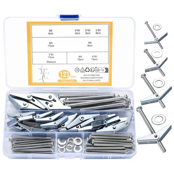 qxayxa 123 Pcs Plasterboard Fixings Screws Sets, Wing Spring Toggle Bolts and Drywall Screws, M3/M4/M5/M6 Spring Toggle Fixings, Hollow Cavity Dry Wall Anchors Screws and Wing Nuts for Plasterboard