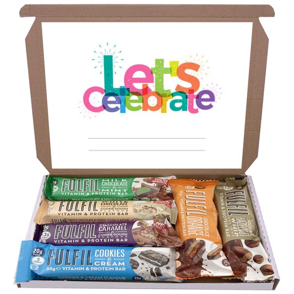 Fulfil Protein Bars & Vitamins Chocolate 6x60g Gift Box Hamper Snack Low Sugar Carbs Fulfill Bar (Lets Celebrate)