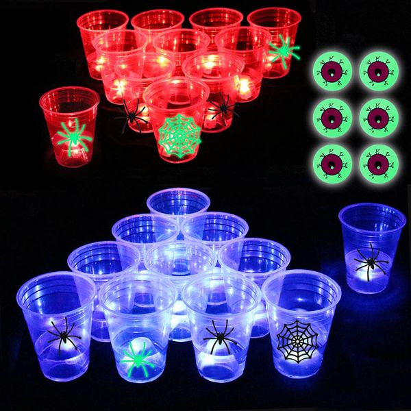 Ahuimeius Halloween The Dark Beer Pong Set,Beer Pong Party Cup Set, LED Beer Pong Cups and Glow-in-The-Dark Balls,22 Set