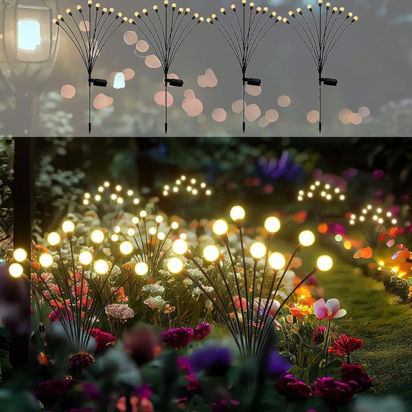 Solar Garden Lights - Pack of 4 Solar Firefly Lights Sway by Wind, Waterproof 40 Leds Outdoor Lights, Pathway Lights Outdoor for Yard Patio Walkway Decoration, Warm White