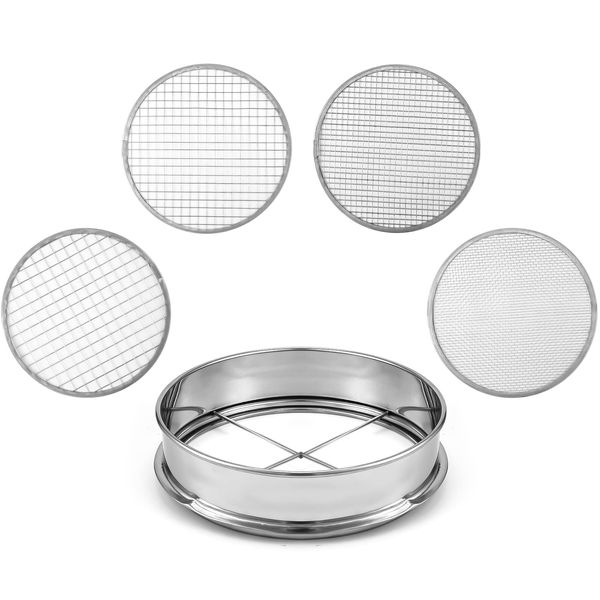 Soil Sifter Garden Sieve, with 20cm/7.9in Stainless Steel Sifting Pan and 3/6/ 9/ 12mm Mesh Sizes, Garden Mesh Sieve Garden Soil Sieve Soil Filter Dirt Garden Sieve Soil Sifter