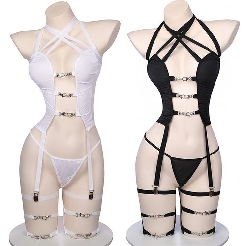 SENMHS Sexy Lingerie Set, Extreme Echi, Erotic Cosplay, Bodycon Lace Queen, Leotard, High Legs, Queen, 3-in-1 Garter, Stockings, Bondage, Women's