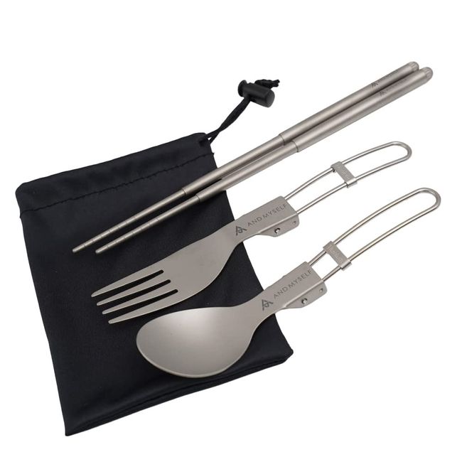 AND MYSELF Cutlery Set, Camping, Outdoors, Titanium, Chopsticks, Spoon, Fork, Storage Bag Set, Lightweight, Compact, Foldable (Set of 3)