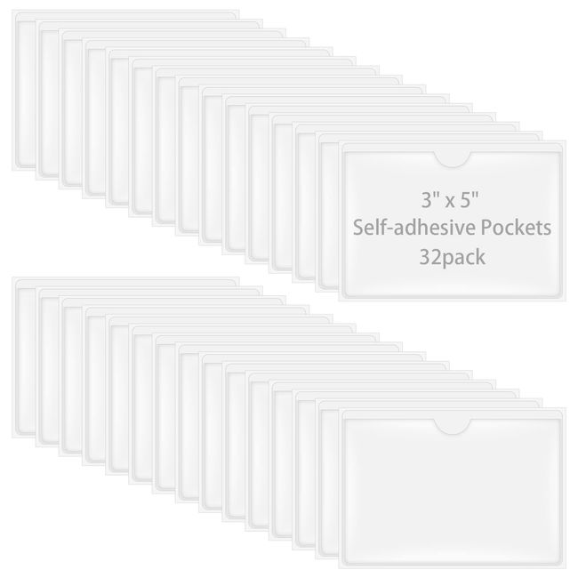 Antner 32 Pack Self-Adhesive Index Card Pockets for 3" x 5" Card, Clear Plastic Labels Holders Top Open for Loading Card Holder for Storage Bins, Library and Locker (3.74 x 5.3 Inches)