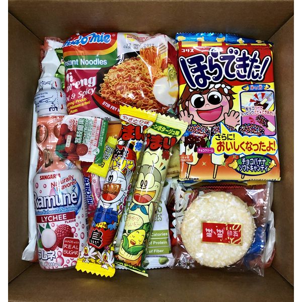 Mashi Box Asian Dagashi Snack Surprise Mystery Box 25 Pieces w/ 3 FULL SIZE Items Including Drink, Instant Noodle, Assortment of Chinese, Korean, Japanese Sweet and Savory Snacks, Candy, Food