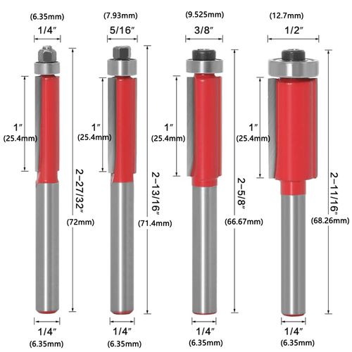 Bestgle Trimmer Bit Set of 4 Router Bits, Carbide Router, 0.25 inch (6.35 mm) Shank Chamfering Cutter, Flash Trim Router Bit, Woodworking Trimming Knife Carving, Wood Toming Bearing Cutter, Bit for