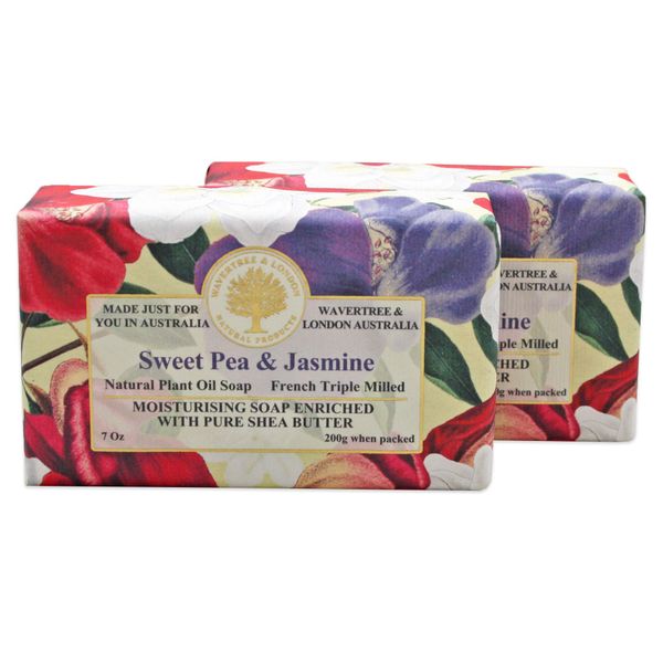 Wavertree & London Sweet Pea & Jasmine Scented Natural Soap (2 Bars), 7oz Moisturizing French Triple Milled Soap Bars enriched with shea butter - Pure Plant Oil Bath & Body Soap for All Skin Types