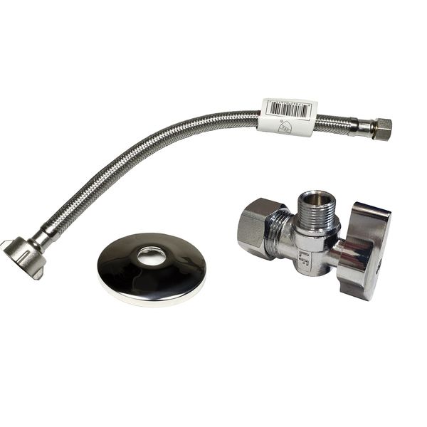 Complete Toilet Set Valve 1/2 in. NOM Inlet x 3/8 in. OD Compression Outlet Angle Shut Off + Escutcheon Plate + 12" Long Stainless Steel Braided Brass Nut Water Supply Line