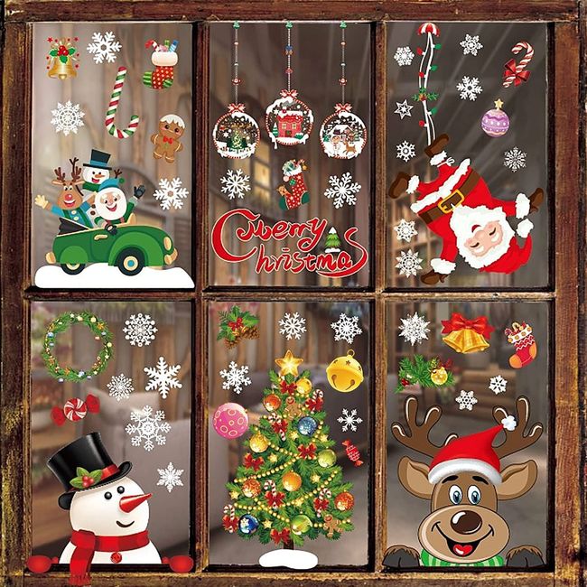 Christmas Stickers, Set of 8, Electrostatic Stickers, Wall Stickers, Window Stickers, 11.8 x 7.9 inches (30 x 20 cm), Removable, Snowflakes, Santa Claus, Snowman, Reindeer, Present, Christmas Tree,