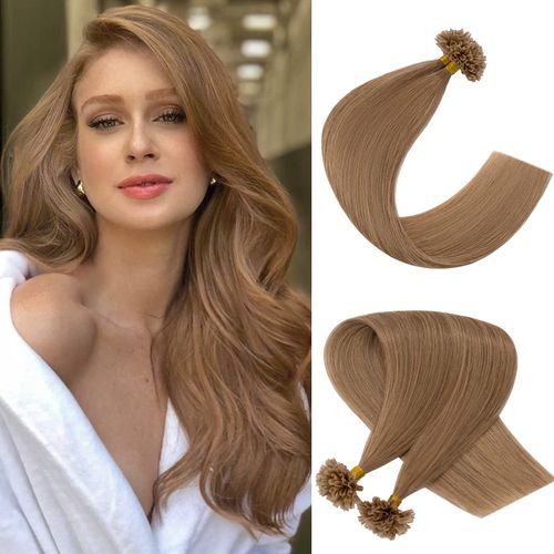 SLEEKALON U Tip Hair Extensions Human Hair Keratin Utip Hair Extensions Pre Bonded Hot Fusion Hair Extensions Silky Straight Real Hair Golden Brown U Tip Keratin Extension,20 Inch 100 Strands 50g #12