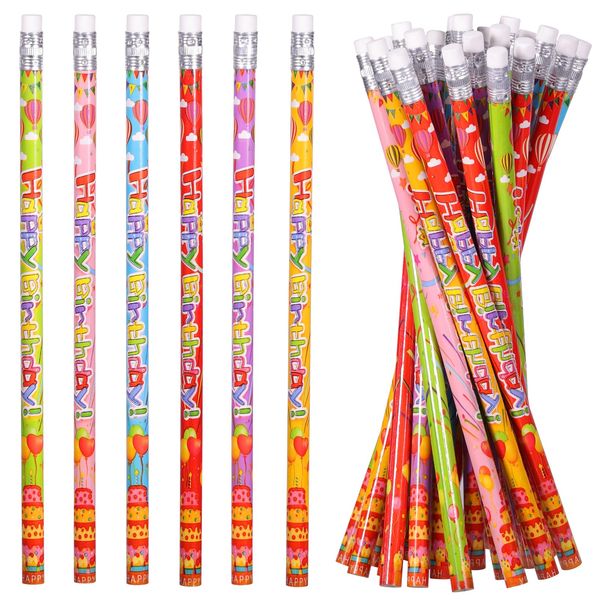 emzrivo Happy Birthday Pencils Wooden Pencils Birthday Party Pencil with Top Erasers Happy Birthday Pencils for Kids Birthday Party Supplies Favors, 6 Style(24)