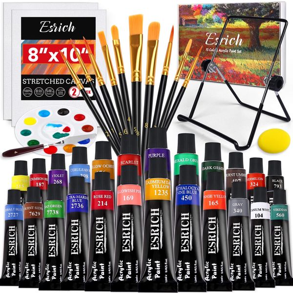 ESRICH 40PCS Acrylic Paint Set,Professional Painting Supplies with Acrylic Paint,Canvas Panels,Paint Brushes,Paint Knife,Sponge,Plastic Palette and Metal Easel for Adults,Kids and Artists