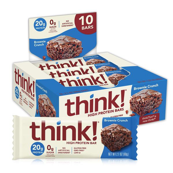 think! Protein Bars, High Protein Snacks, Gluten Free, Sugar Free Energy Bar with Whey Protein Isolate, Brownie Crunch, Nutrition Bars Without Artificial Sweeteners, 2.1 Oz (10 Count)