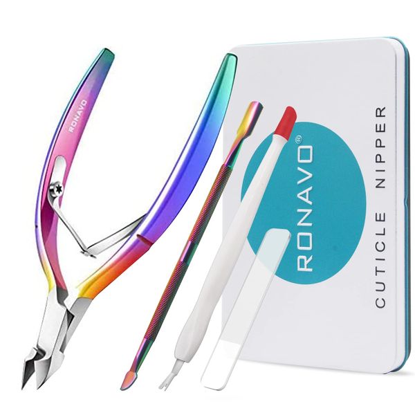 Cuticle Cutter with Cuticle Pusher - RONAVO Cuticle Trimmer Cuticle Nippers Professional Stainless Steel Cuticle Scissors and Cutter Clippers Durable Pedicure Manicure Tools for FingernailsToenails