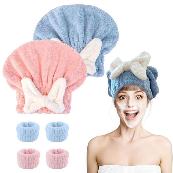 Tyrzol 6pcs Hair Towel Wrap Super Absorbent Hair Towel Wrap for Wet Hair Microfiber Hair Drying Caps Rapid Hair Drying Towel Quick Dry Head Wrap with Bow-Knot Shower Cap(Pink+Blue+Wristband)