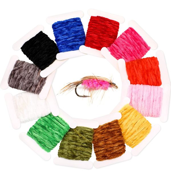 BBTO 12 Pieces Fly Tying Chenille Fly Tying Materials 65.64 Yards Chenille DIY Fly Tying Thread Craft Fly Tying Tinsel for Streamers Wooly Buggers Nymph Flex Hackle (Chenille Style)